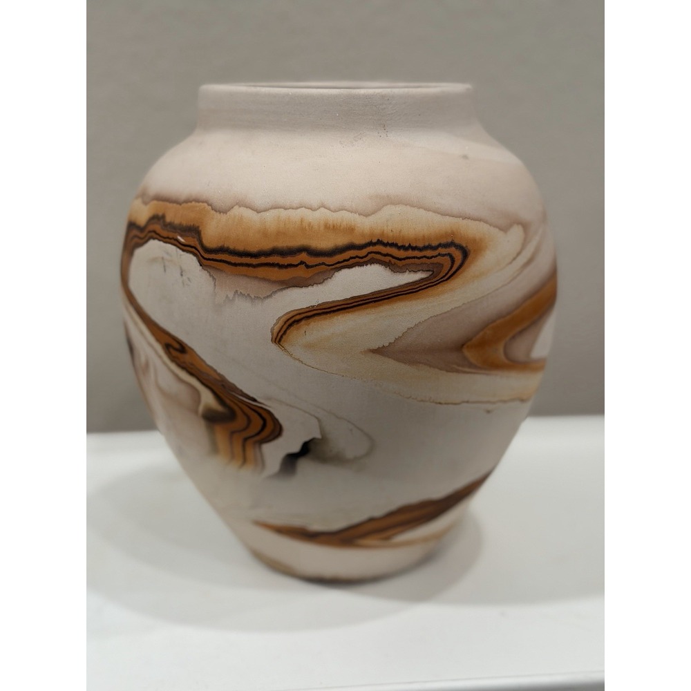 Vintage Nemadji Pottery 8" USA Hand Painted Orange Brown Swirl Art Vase